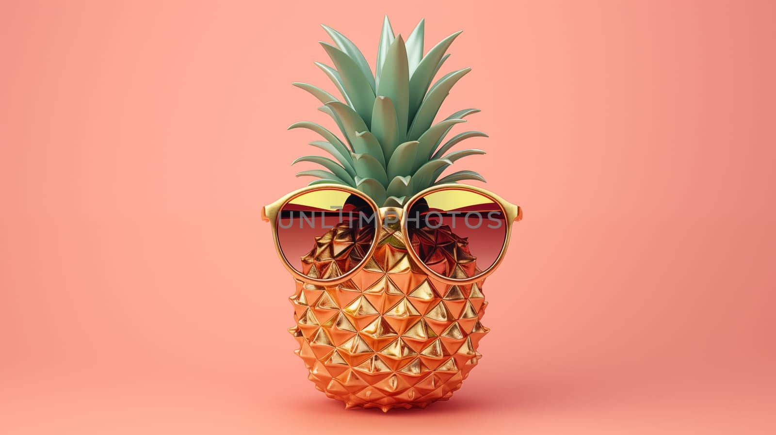 A beautiful pineapple stands against a peach-colored background in gold sunglasses by Zakharova
