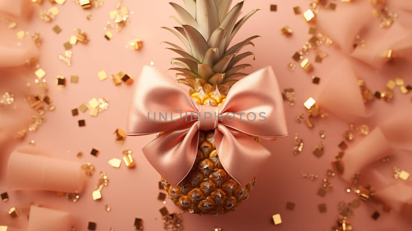 A pineapple with a pink bow lies on a peach-colored background, and golden confetti is scattered nearby.