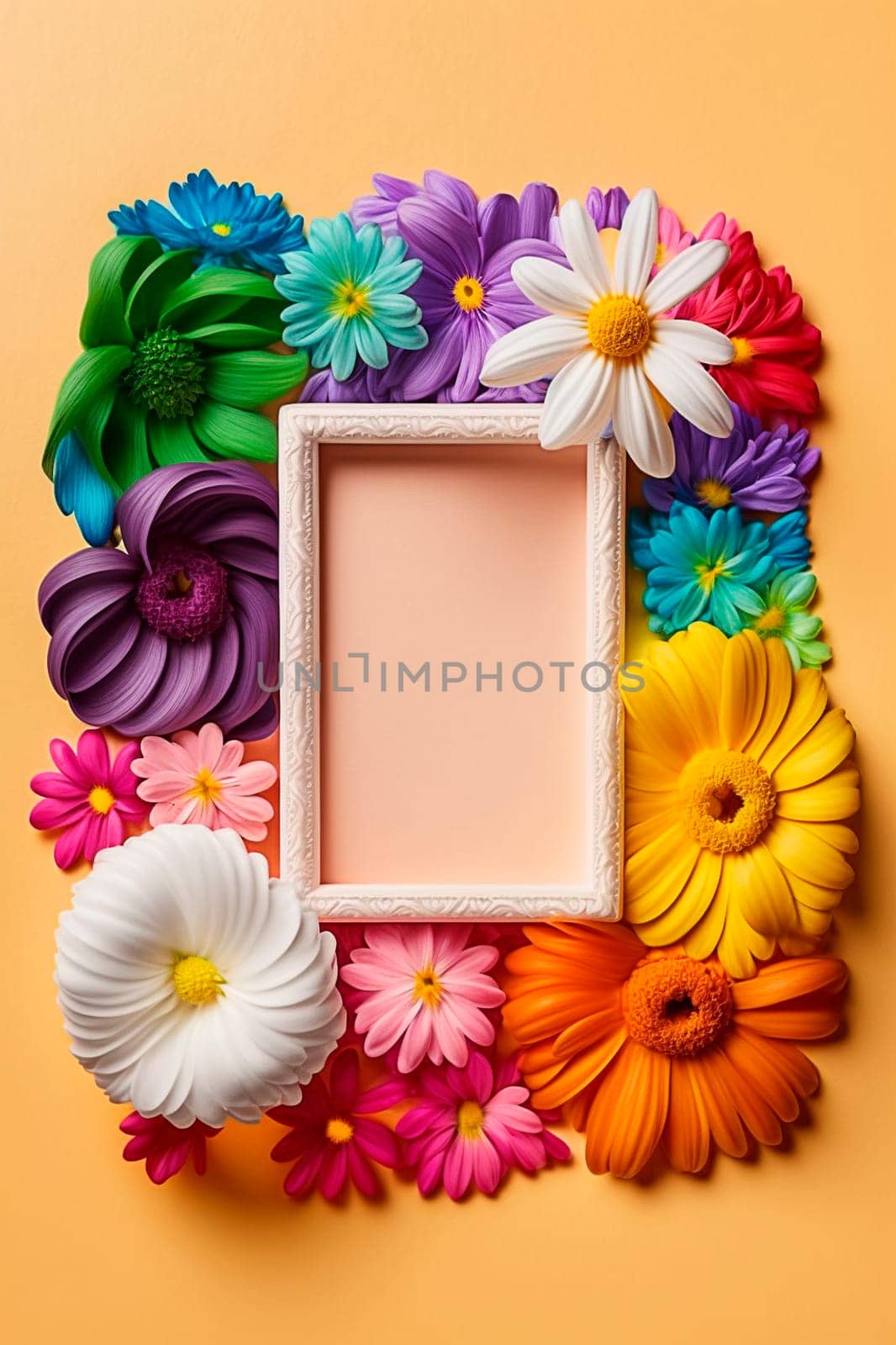 Beautiful flowers flower frame flat lay, top view, free space. Generative AI, by mila1784