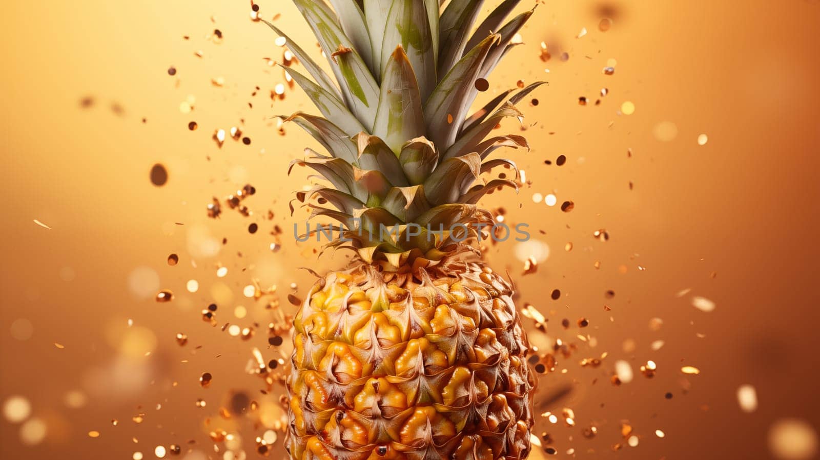 A beautiful pineapple stands on a yellow background, golden confetti falling from above. by Zakharova
