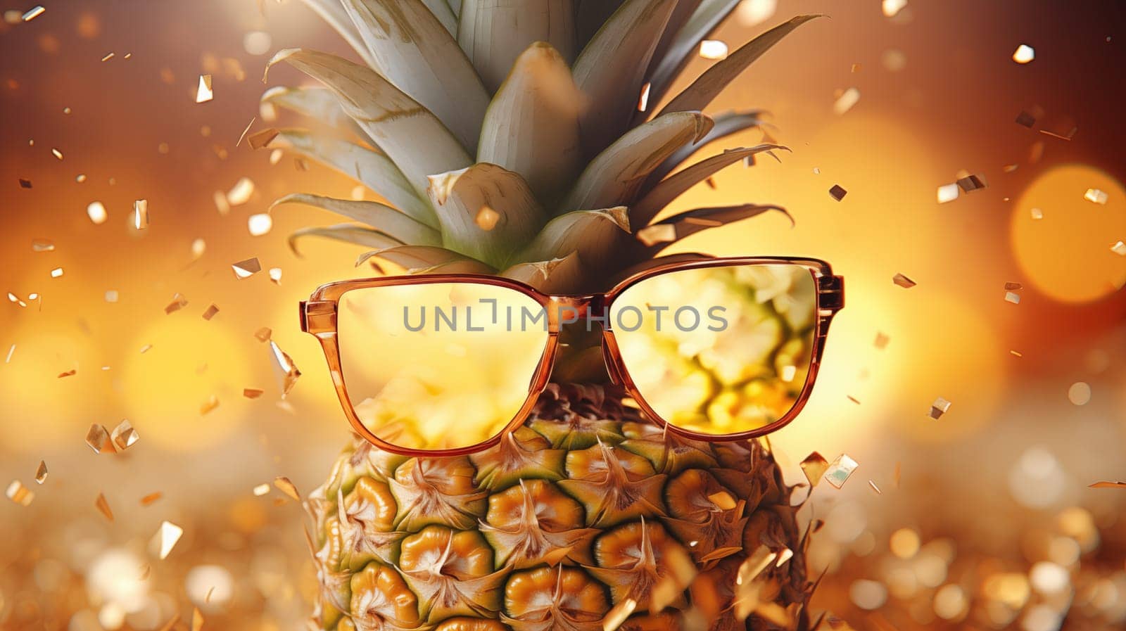 A pineapple with golden sunglasses , golden confetti falls from above by Zakharova