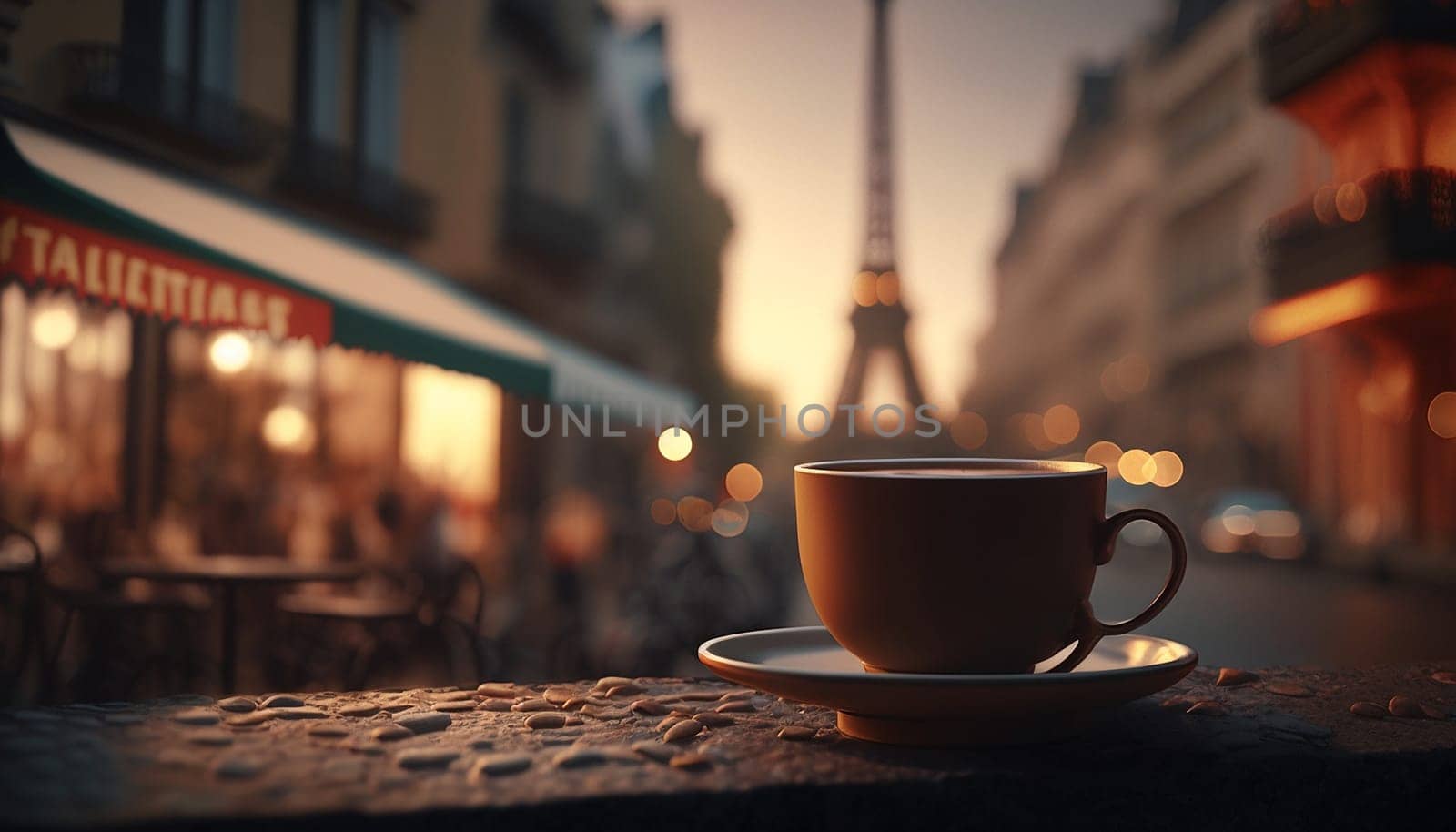 Cup coffee in the background Paris Eiffel Tower. Generative AI, by mila1784
