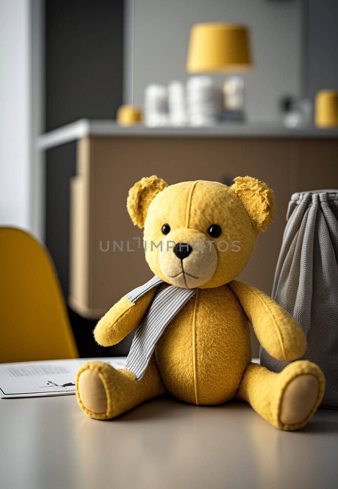 table with a plush toy bear in the baby room. Generative AI,