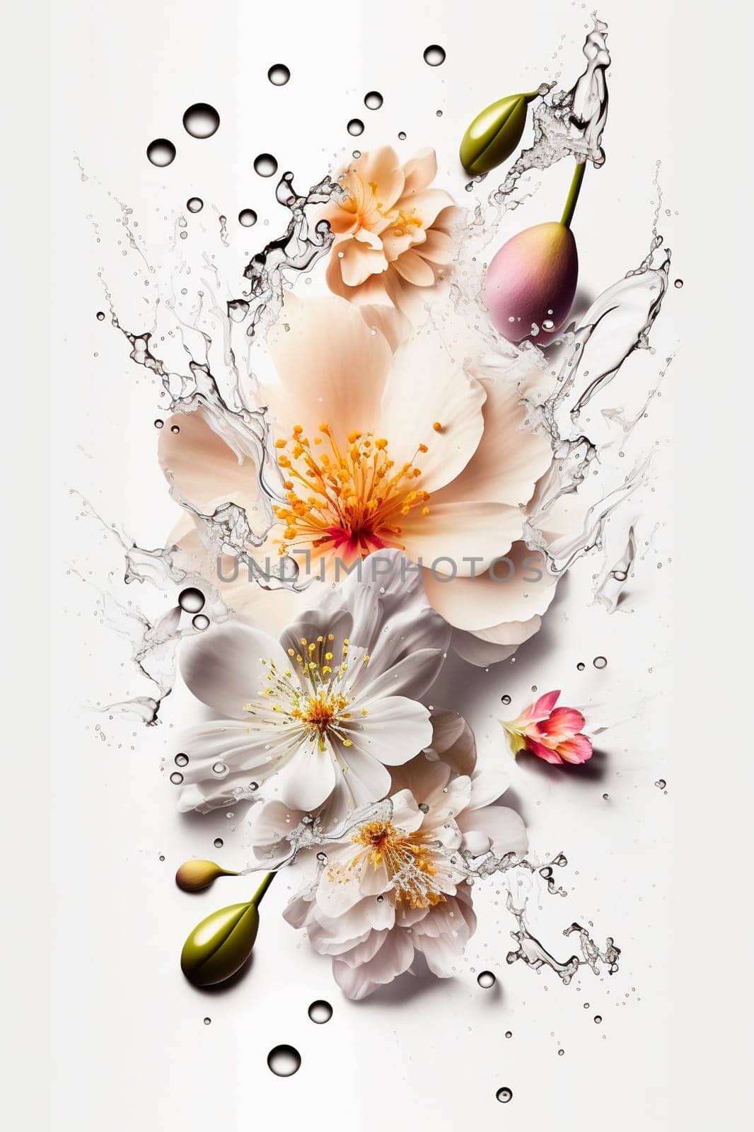 Flowers splash beautiful postcard or place for a subject. Generative AI, by mila1784