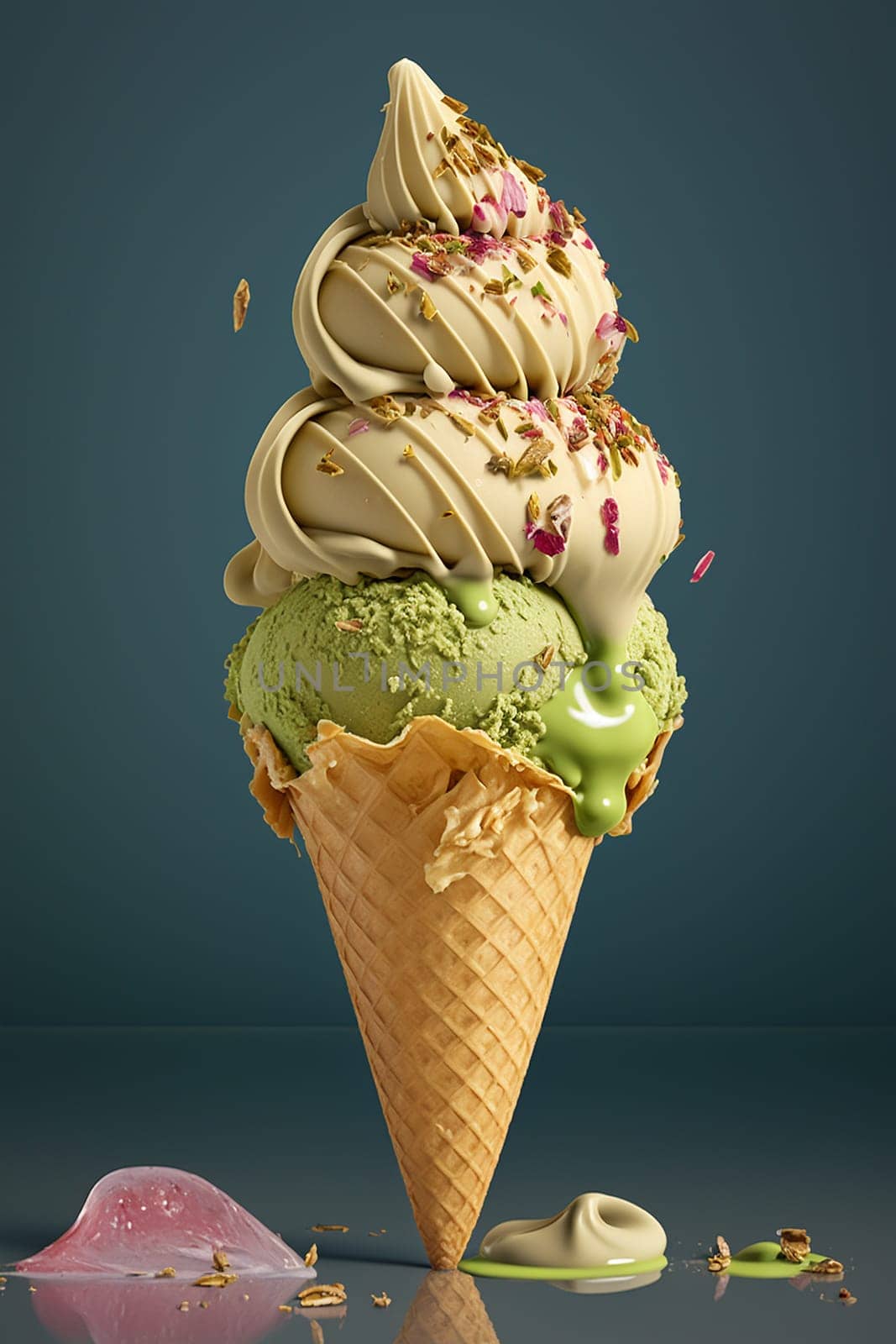 Ice cream cone with pistachios. Generative AI,