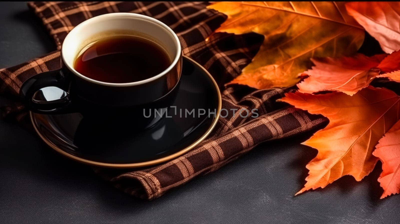 A black cup of tea, surrounded by yellow maple leaves by Alla_Morozova93