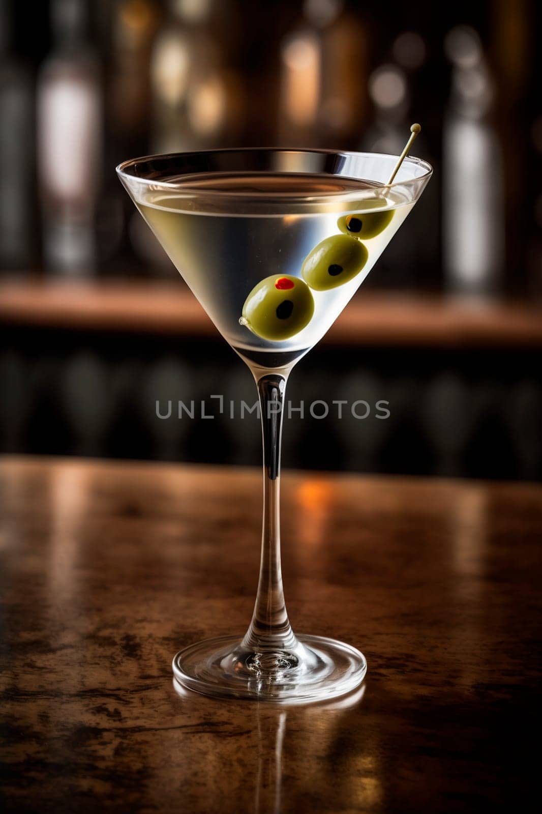 Chilled martini cocktail on a long bar with olives. Generative AI, by mila1784