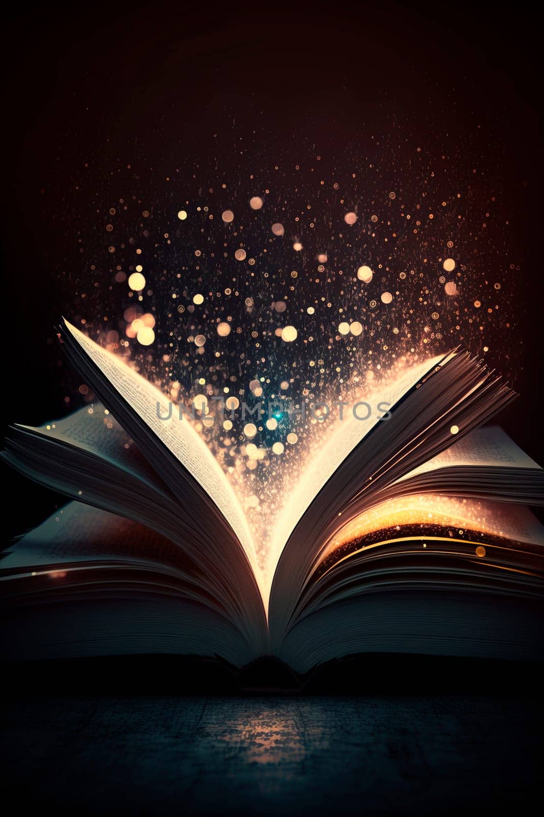 Magic book with open antique pages and abstract bokeh lights glowing on dark background. Generative AI,