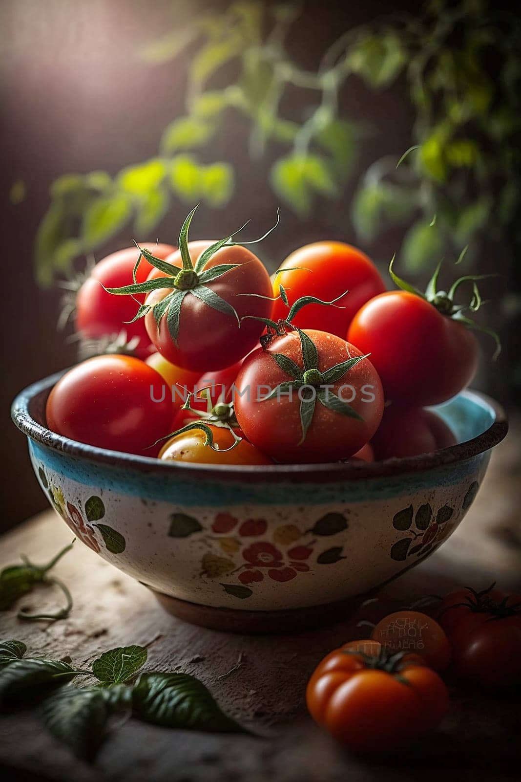 Home grown tomatoes in a plate in the garden. Generative AI, by mila1784