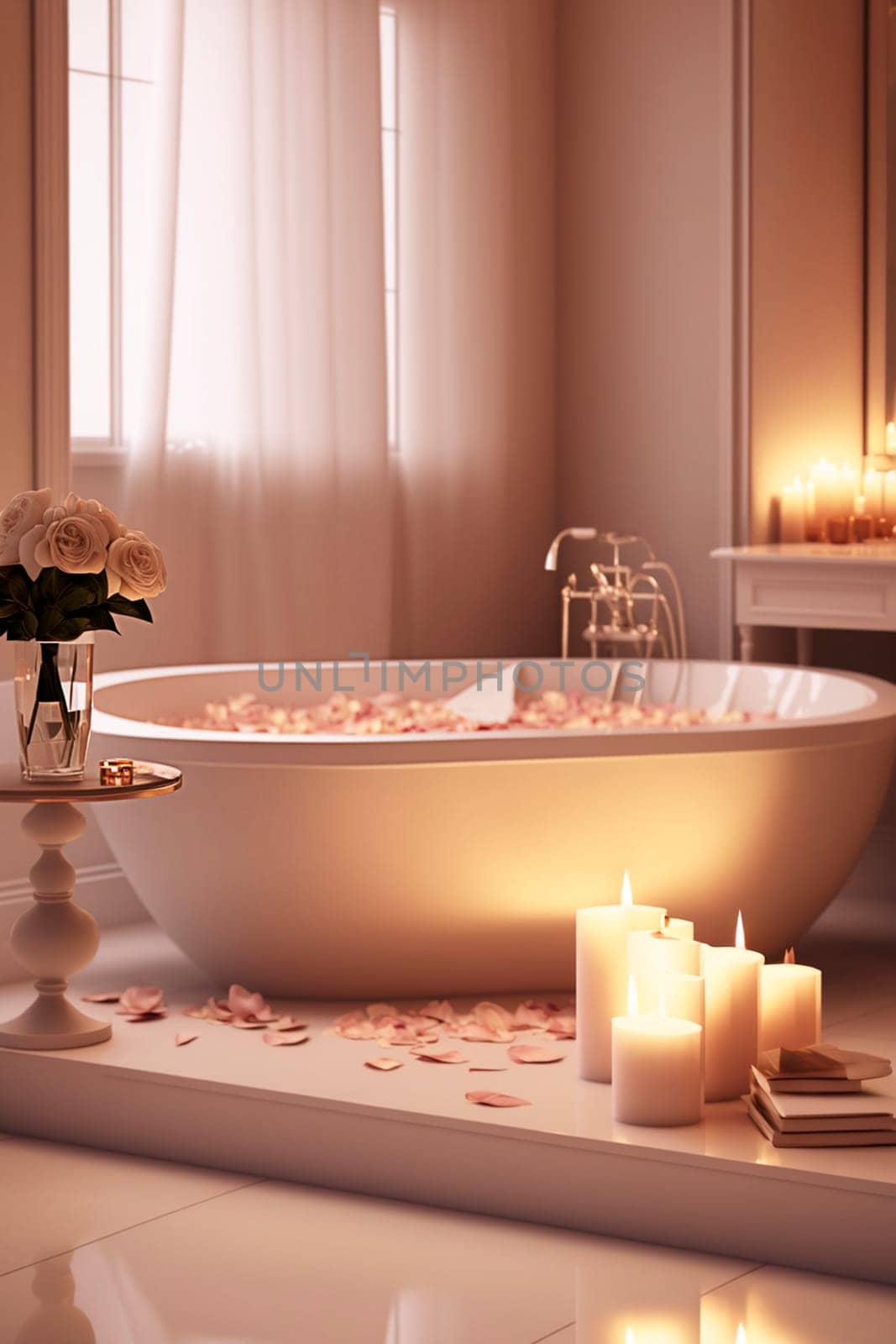 Elegant white bathroom interior with romantic atmosphere, burning candles and rose petals. Generative AI,