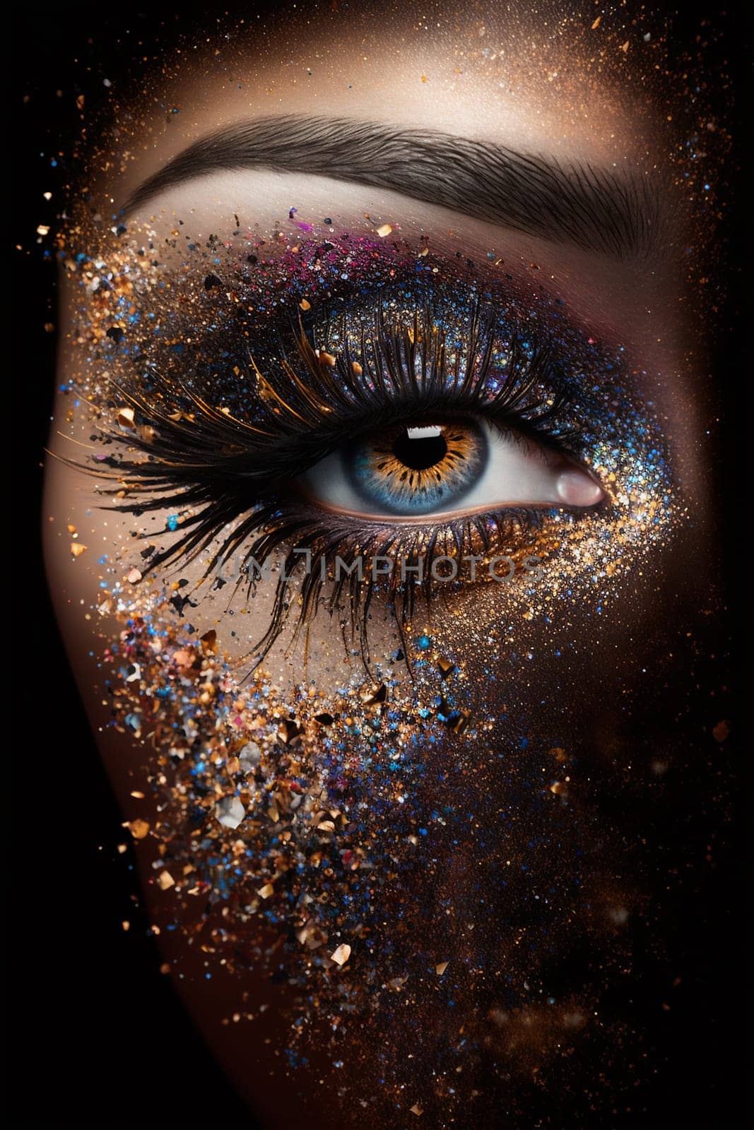 Eye on a black background and a lot of glitter makeup. Generative AI, by mila1784