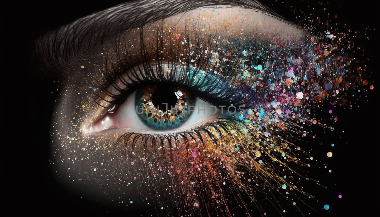 Eye on a black background and a lot of glitter makeup. Generative AI,