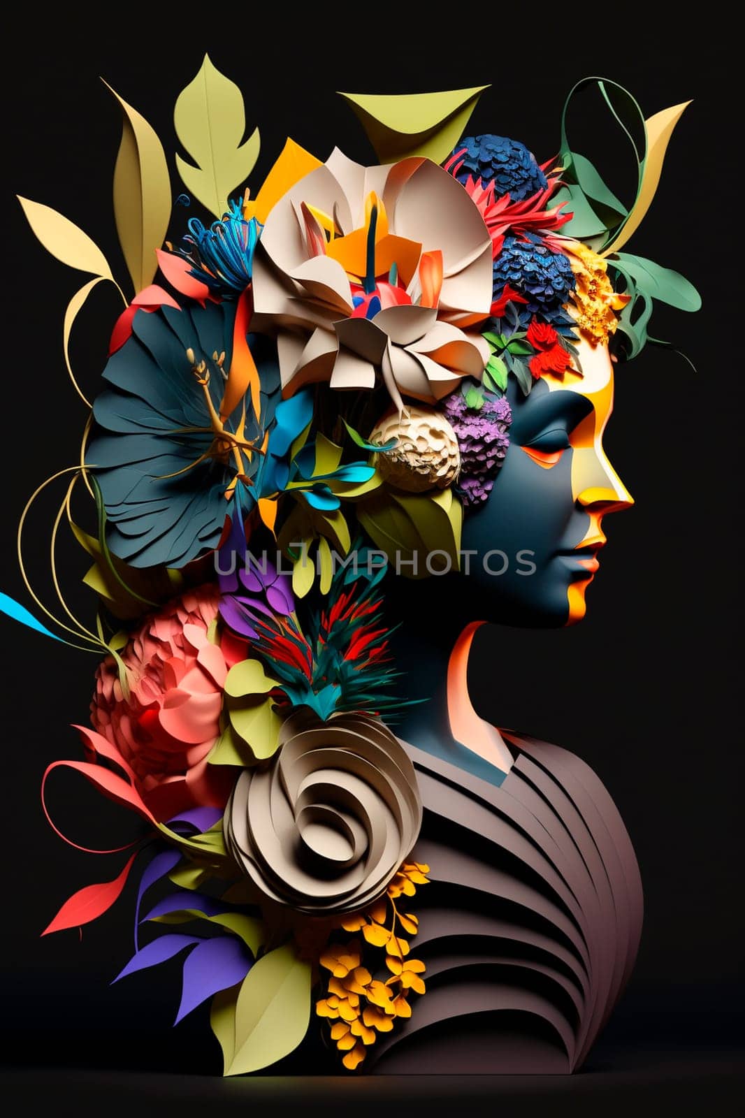 Abstract woman with flower arrangement. Generative AI, by mila1784