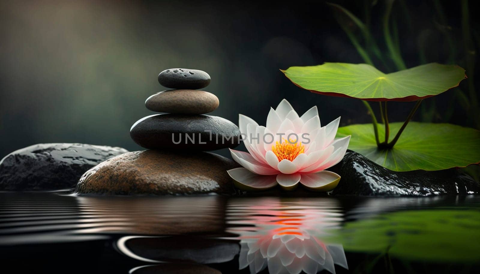 zen stones on a background of water and bamboo and lotus flowers. Generative AI, by mila1784