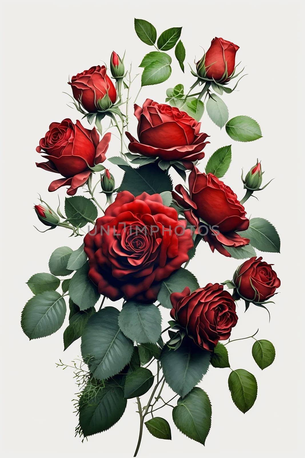 large bouquet of red roses a lot on a white background. Generative AI, by mila1784