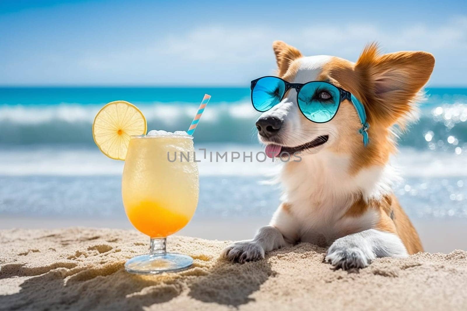 Dog on the beach with a cocktail. Generative AI, by mila1784