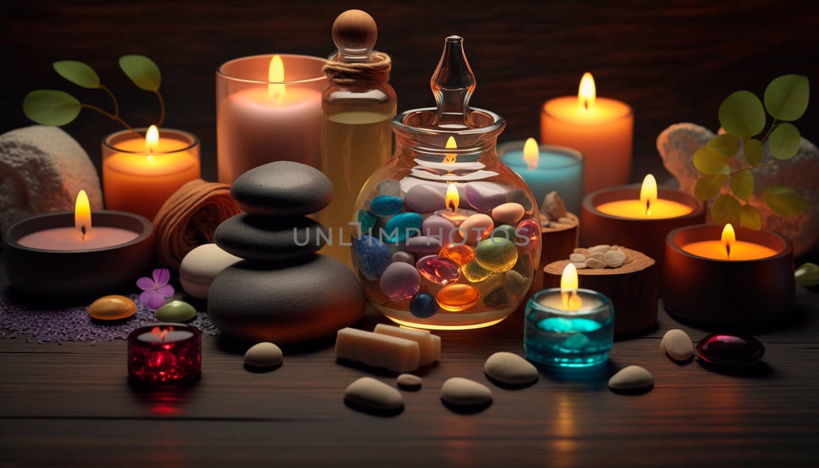 skin care spa set, decoration, candle and towels, oil bottle and green leaves and blossoms. Generative AI, by mila1784