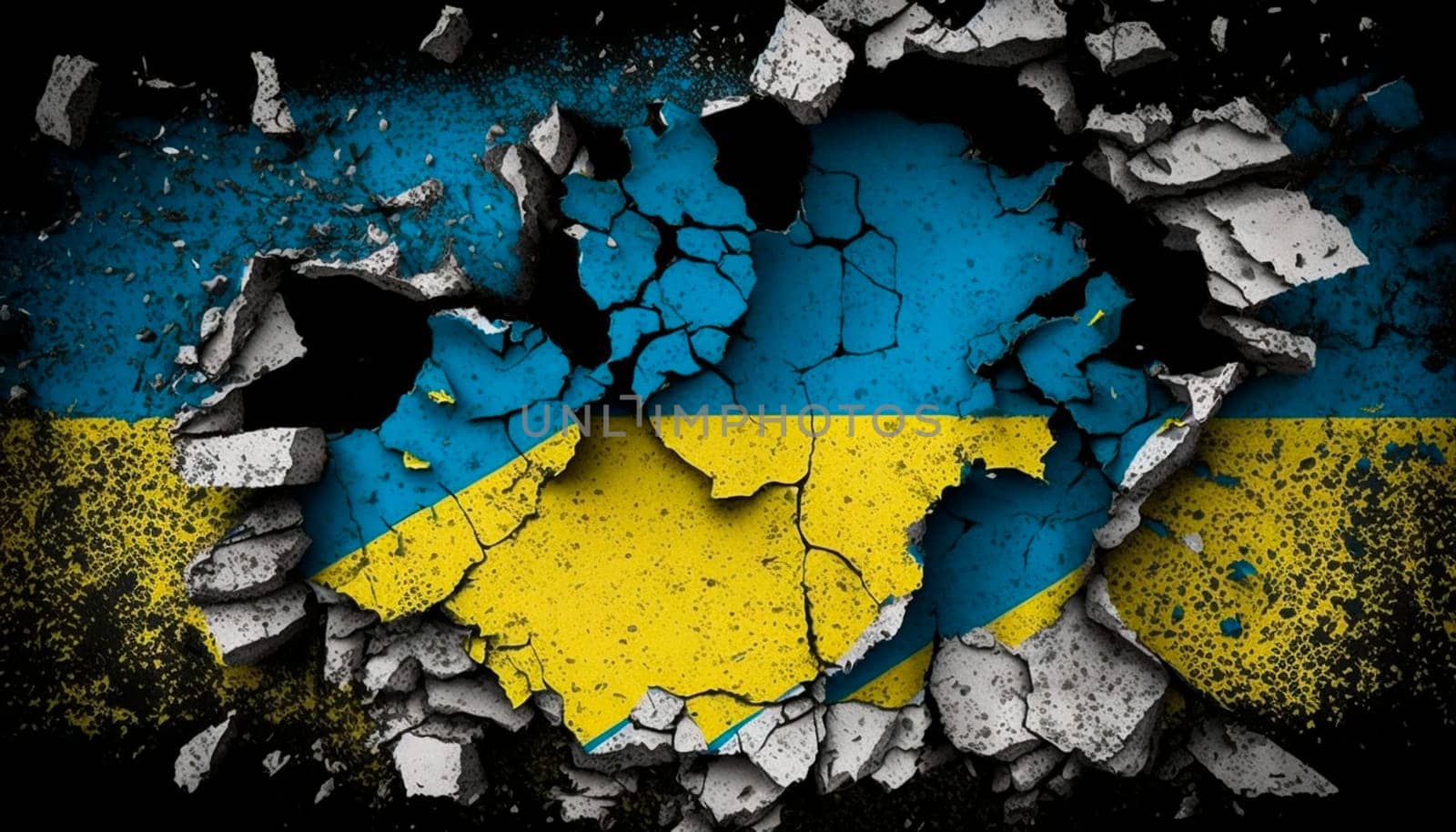 Ukrainian flag in pieces of rubble, Damaged, Worn, Distressed, Ukraine flag war texture. Generativek AI, by mila1784