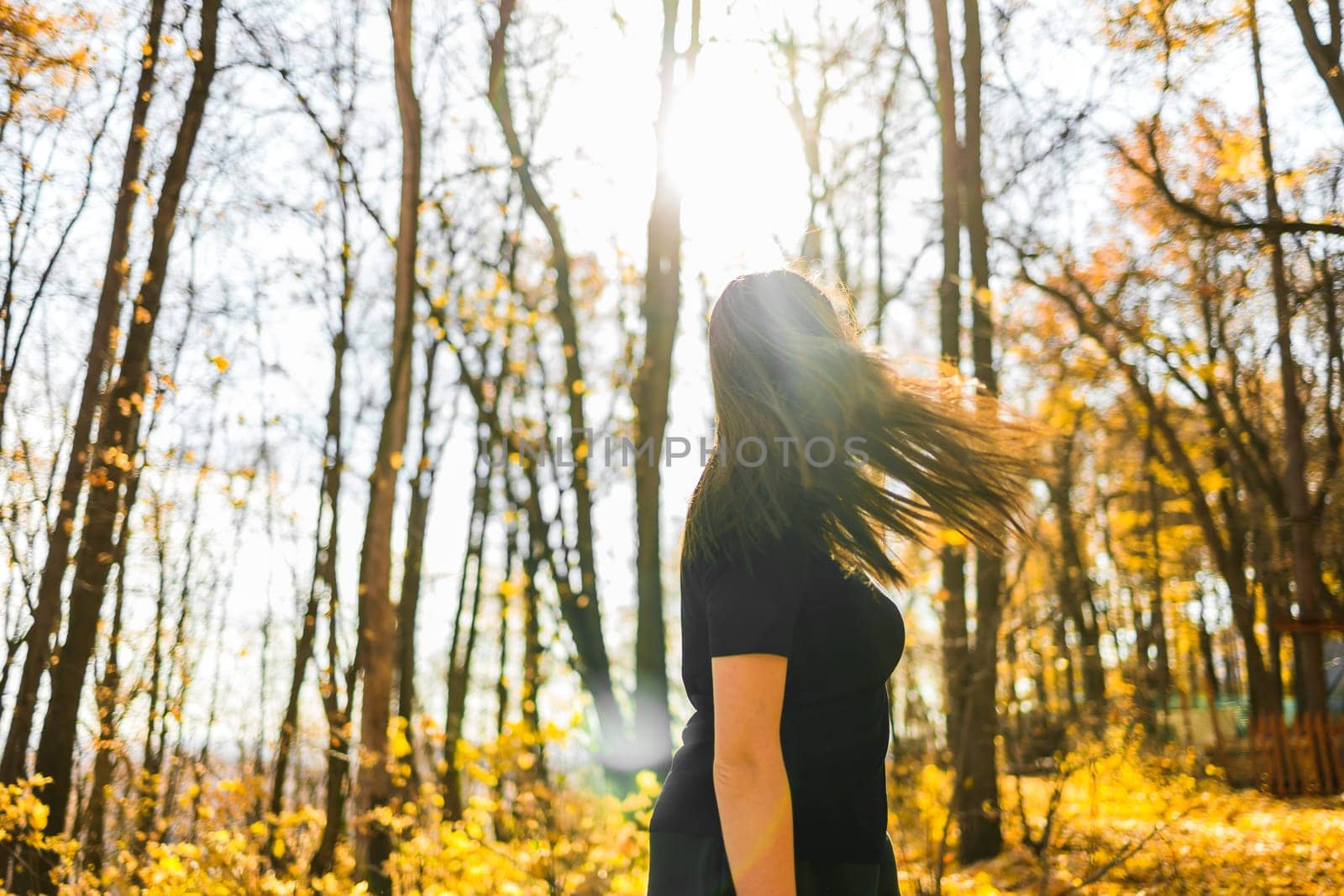 Cute young woman with long fluffy hair dancing in a park at sunset. Beautiful young woman with brown hair dance in a forest at sunset. Freedom and season nature concept. Soft focus.