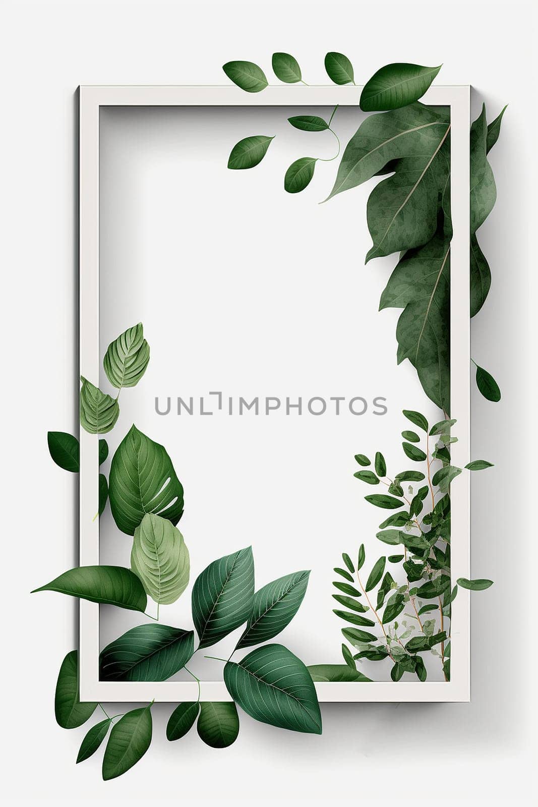 Minimalistic green rectangular frame on a white background with green leaves. Generative AI,