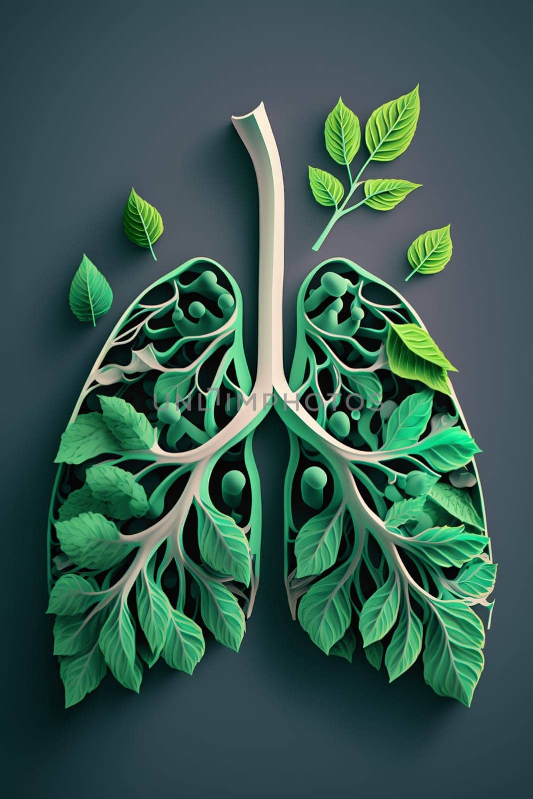 Abstract concept of healthy lungs. Fresh green lungs full of leaves. Generative AI,