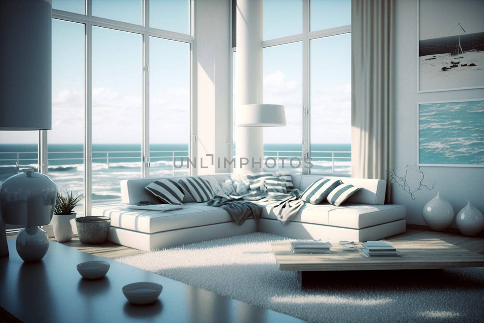 The apartment has a beautiful interior with a sea view. Generative AI, by mila1784