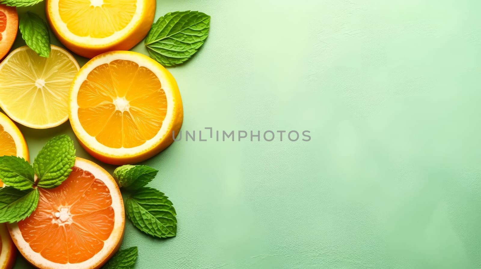 Citrus delight, Sliced fruits adorned with mint on a refreshing green backdrop. A vibrant and invigorating concept for zestful stock photos.