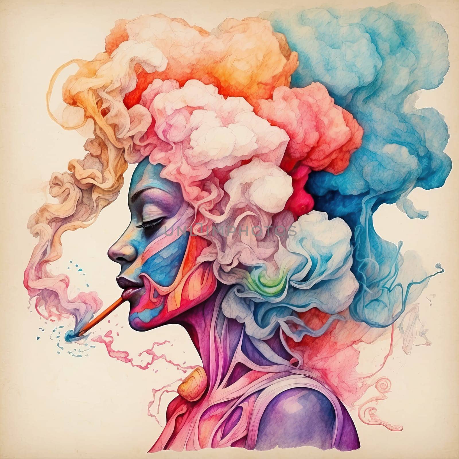 Colorful smoke fills a woman. AI generated