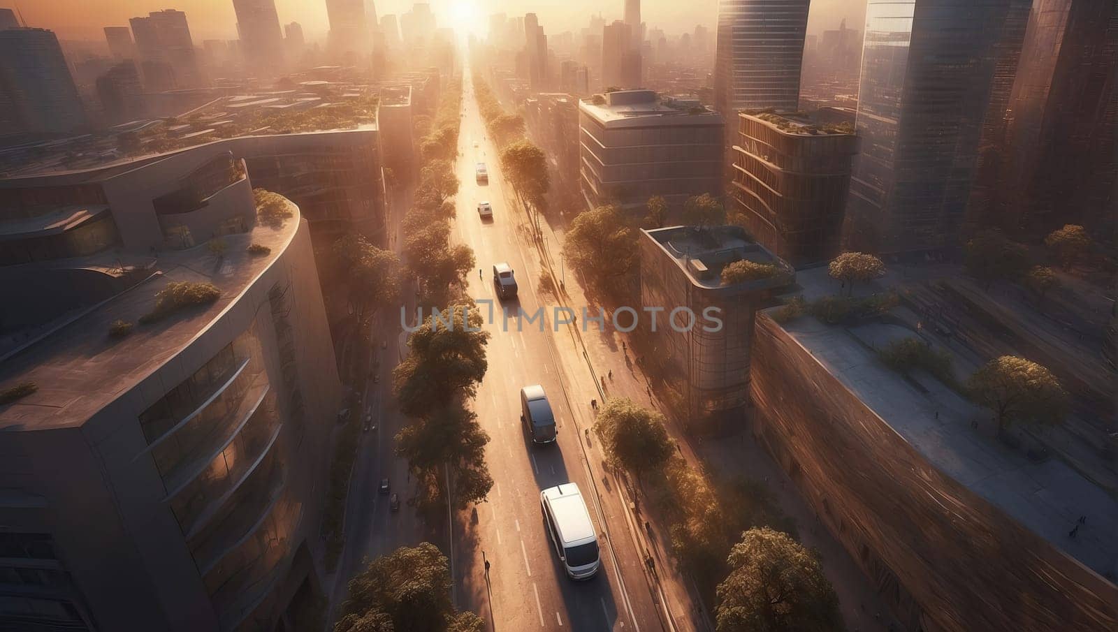 Sunrise over the metropolis. AI generated