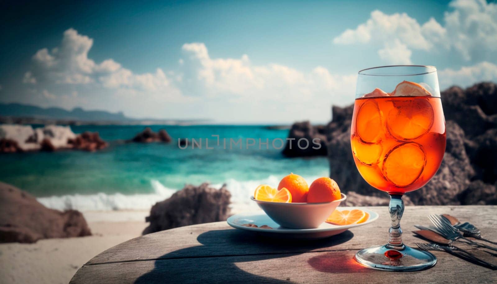 Chilled aperol cocktail on the table on the beach. Generative AI, by mila1784
