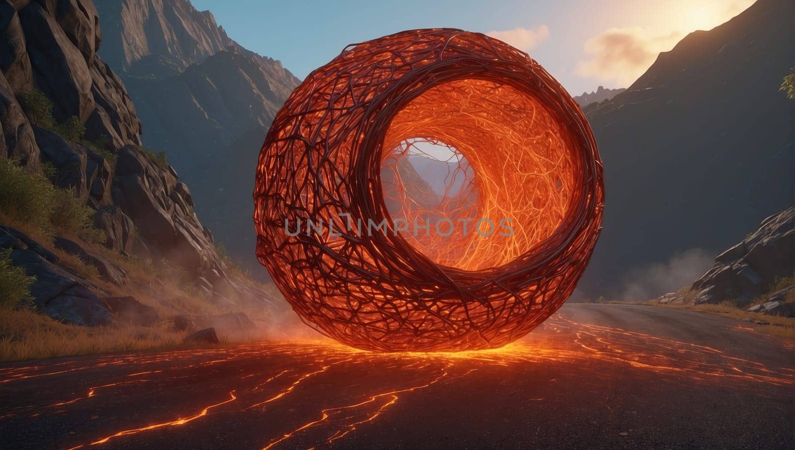 Lava web on the ground and fireball. AI generated
