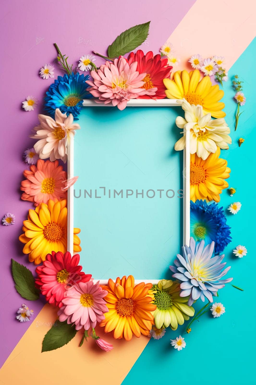 Beautiful flowers flower frame flat lay, top view, free space. Generative AI,