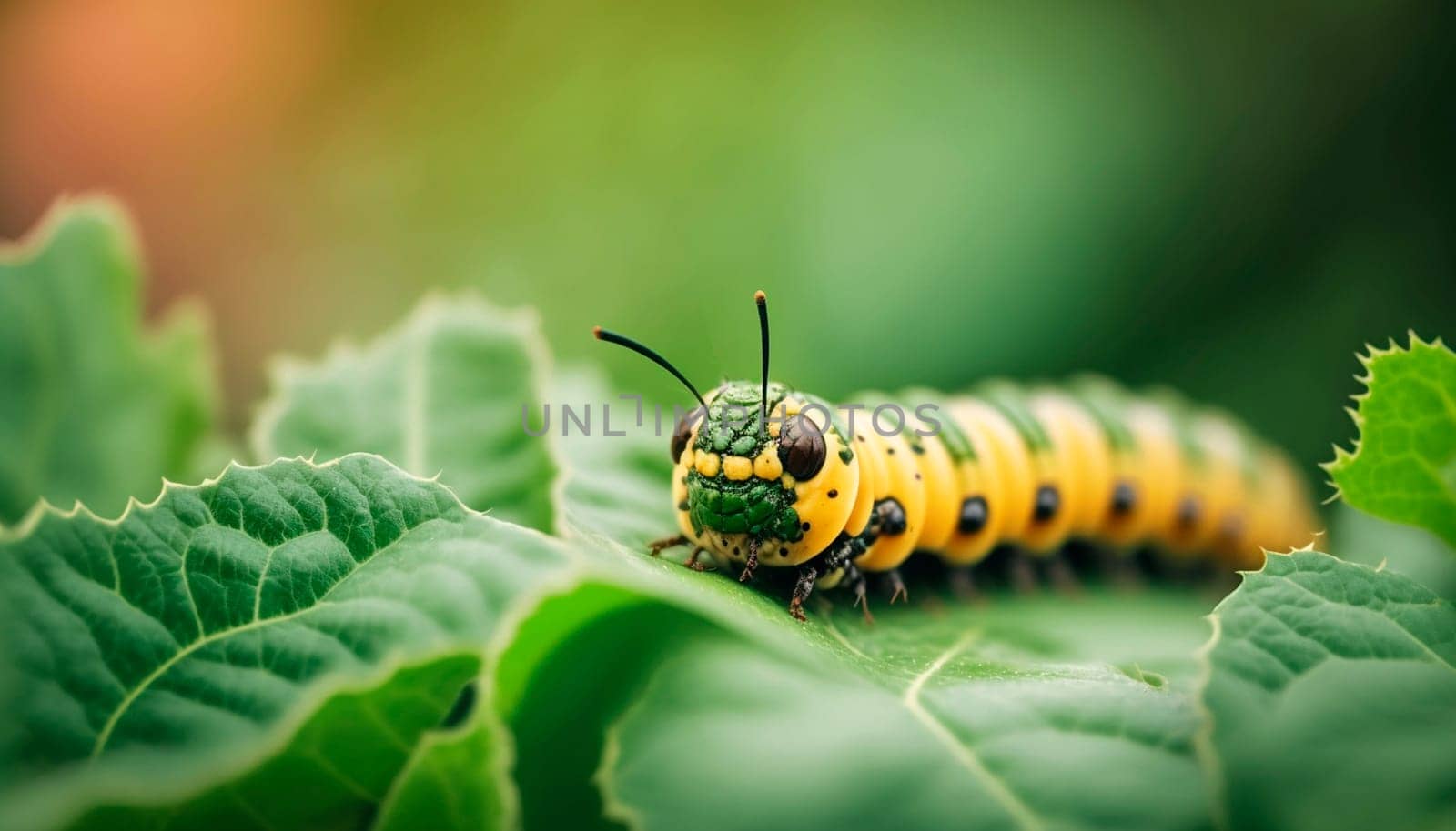 Caterpillar on vegetable leaves, pest control in agriculture concept. Generative AI, by mila1784
