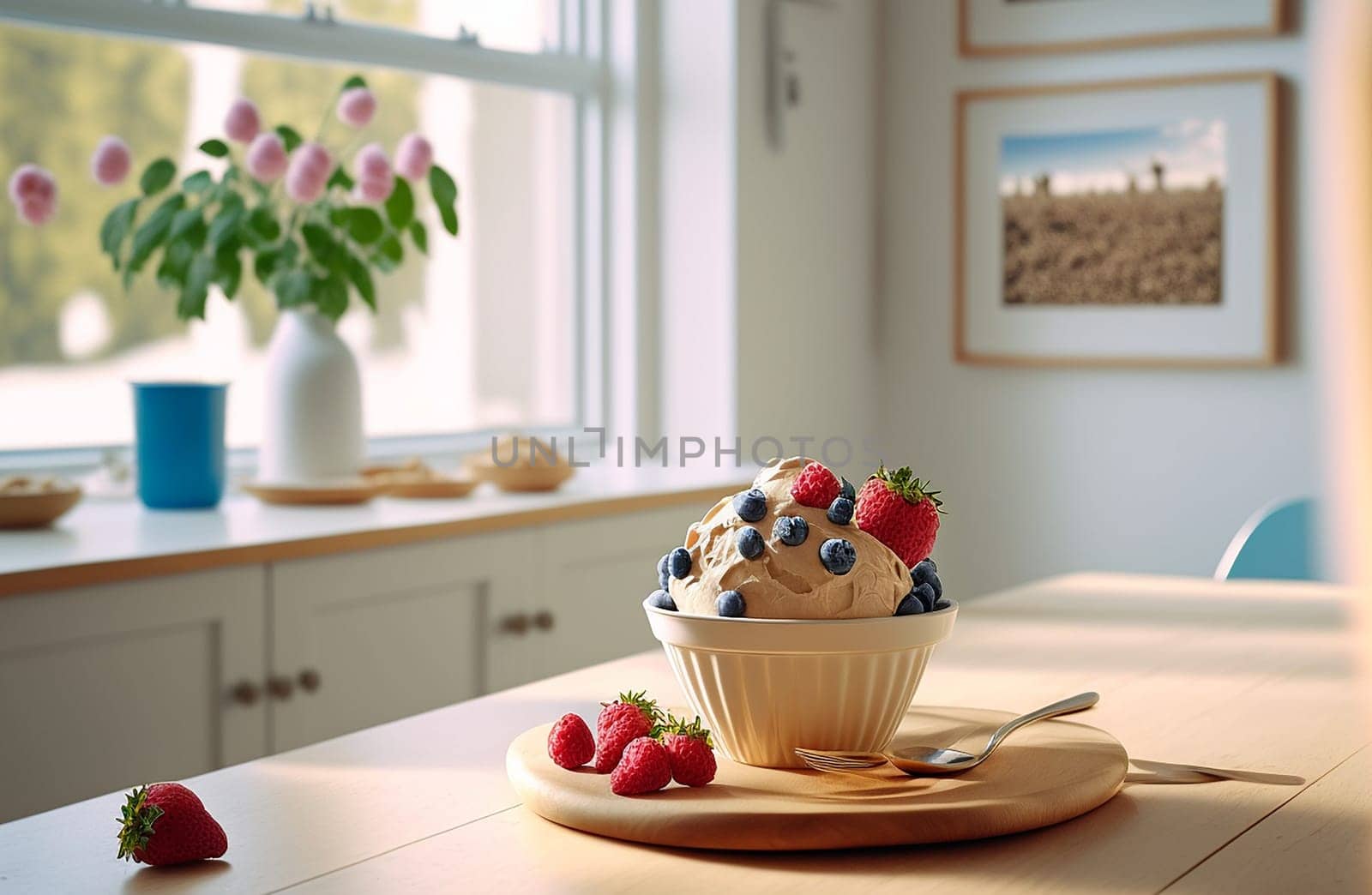 ice cream berries on the table in the kitchen. Generative AI,