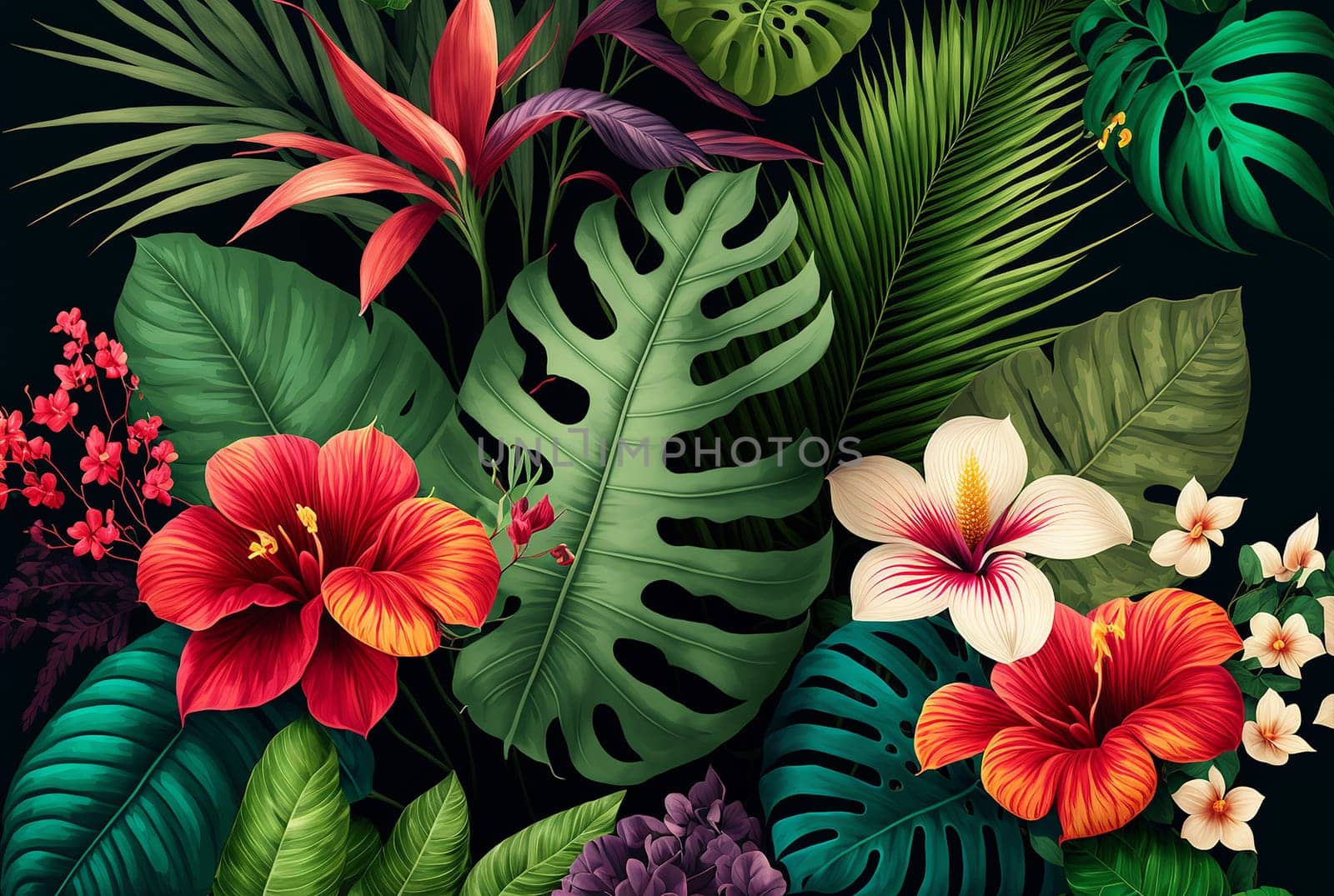 Background isolate with palm branches and tropical flowers. Generative AI. by mila1784
