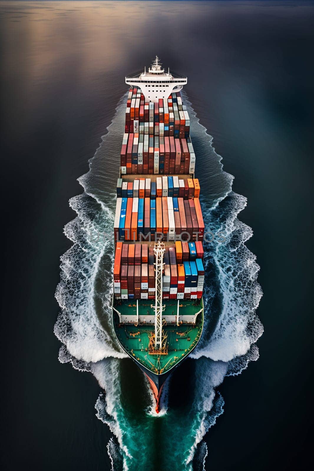 Top view of a container ship freight transportation by a container ship on the high sea. Generative AI, by mila1784