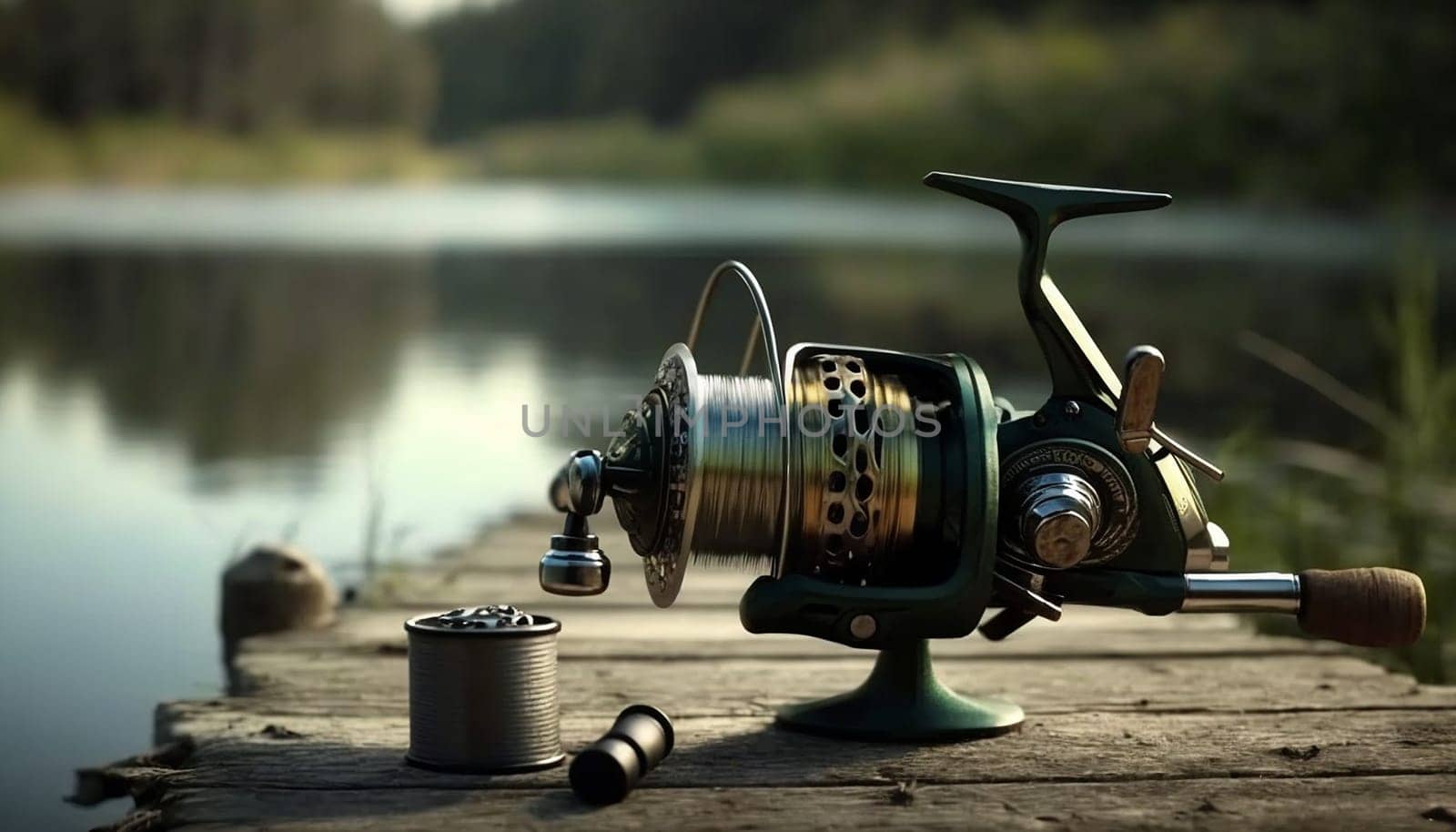fishing rod reel on the background of the lake. Generative AI. by mila1784