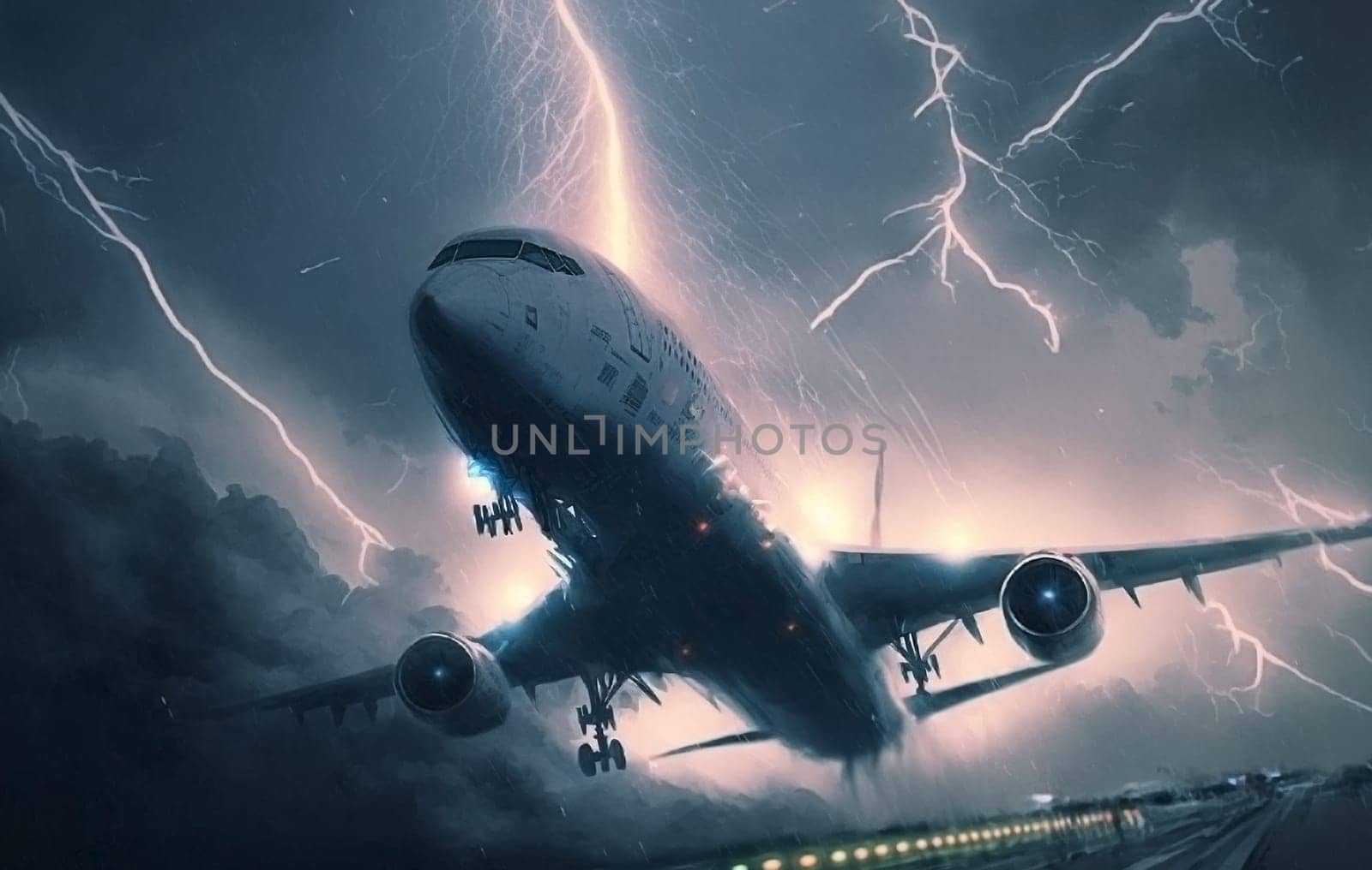 Airplane flies in the sky in bad weather thunderstorm lightning. Generative AI, by mila1784