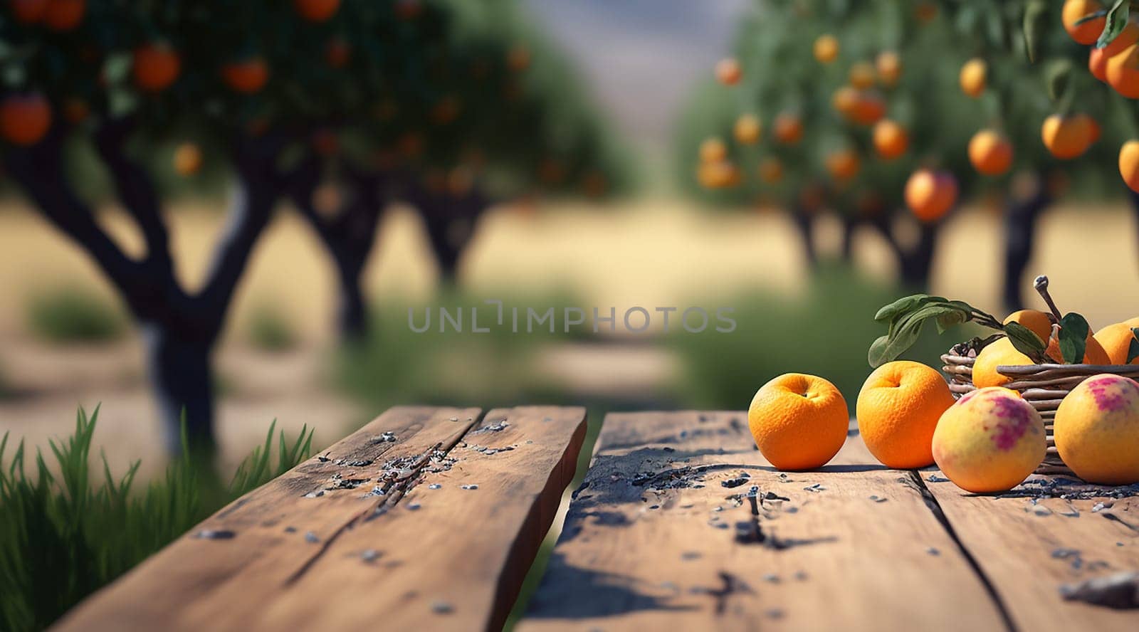Wooden table orange garden and blurred background. Generative AI,