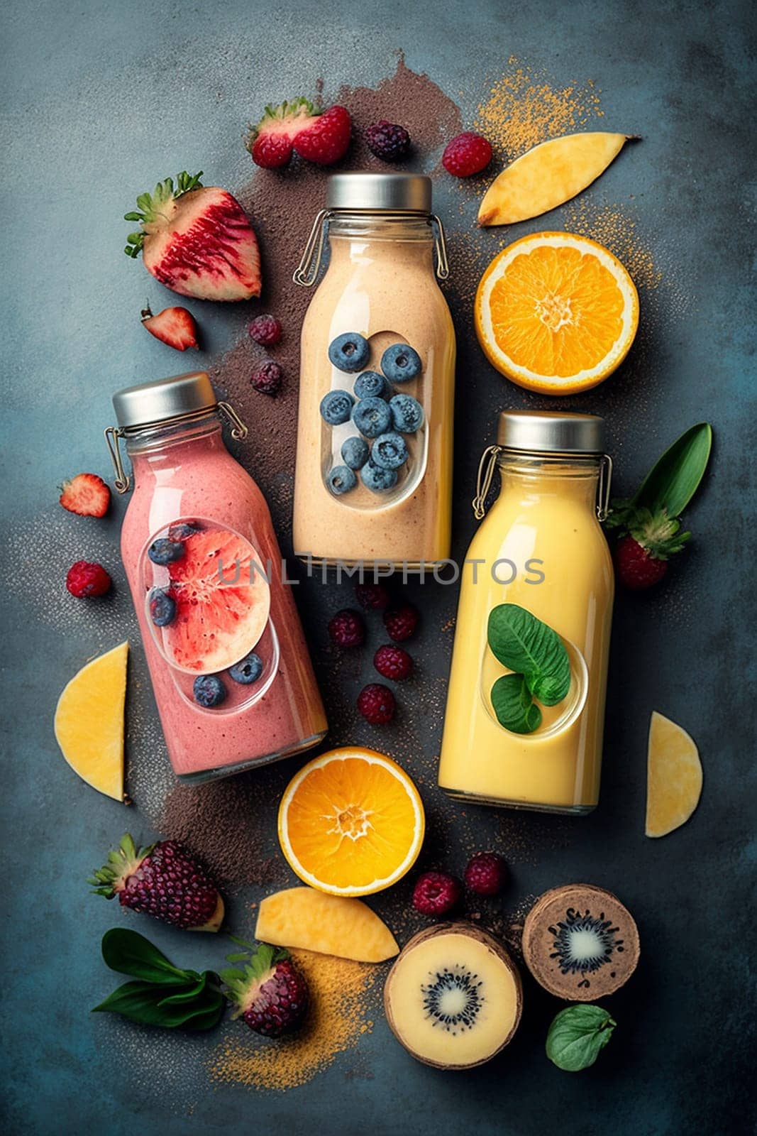 Fruit smoothies in bottles with various ingredients, top view. Generative AI,