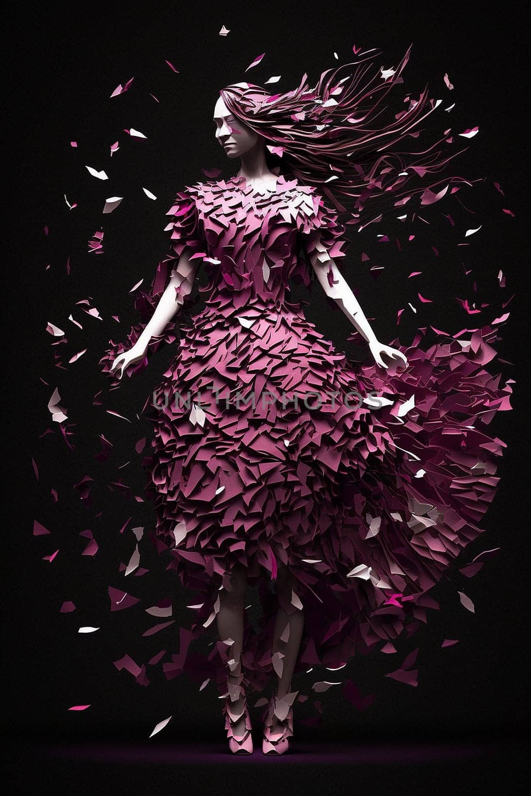 woman dress particles magenta, paper craft. Generative AI,