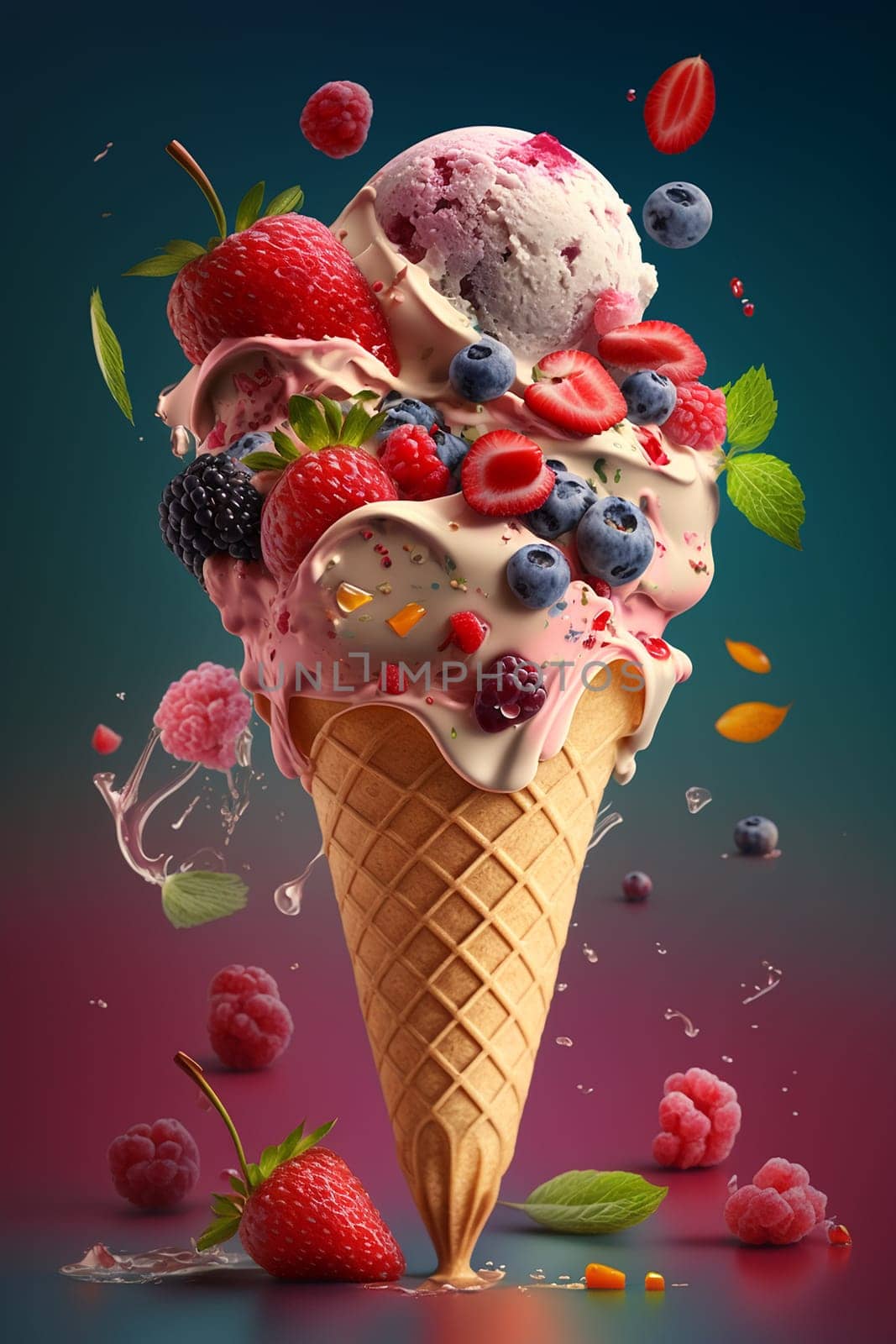 Ice cream cone with berries and fruits. Generative AI, by mila1784