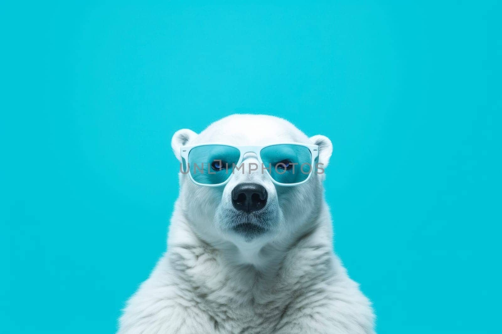 Advertising poster or banner with white polar bear in sunglasses against a stylish blue backdrop, radiating winter charm