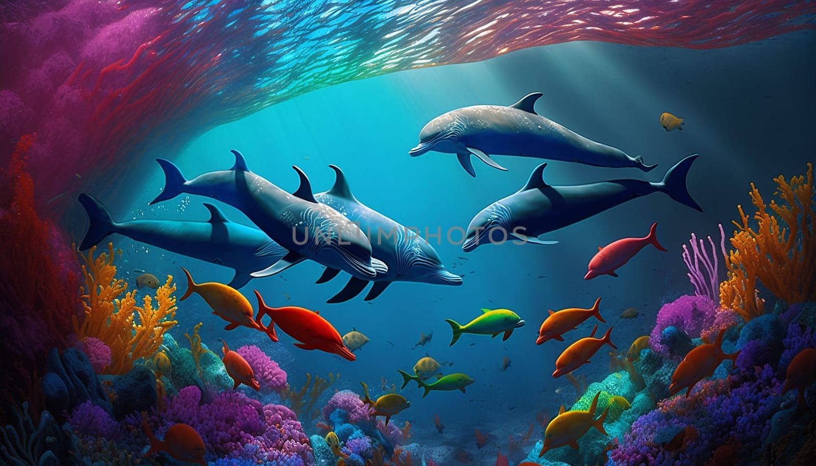 dolphins swim in the sea. Generative AI, by mila1784