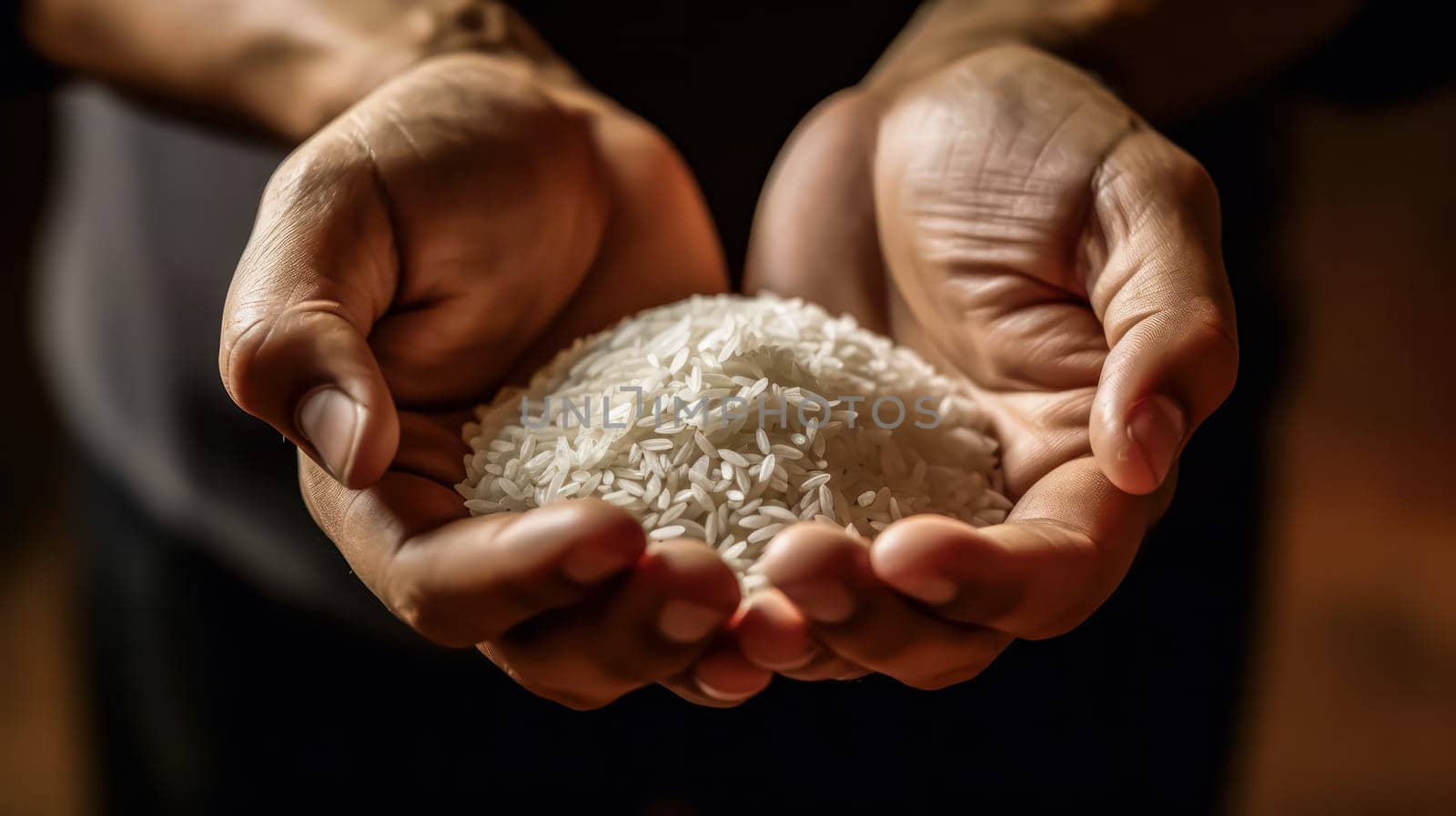 Harvest in Hands, Strong hands cradle freshly peeled rice, symbolizing the essence of farm to table goodness and wholesome nutrition.
