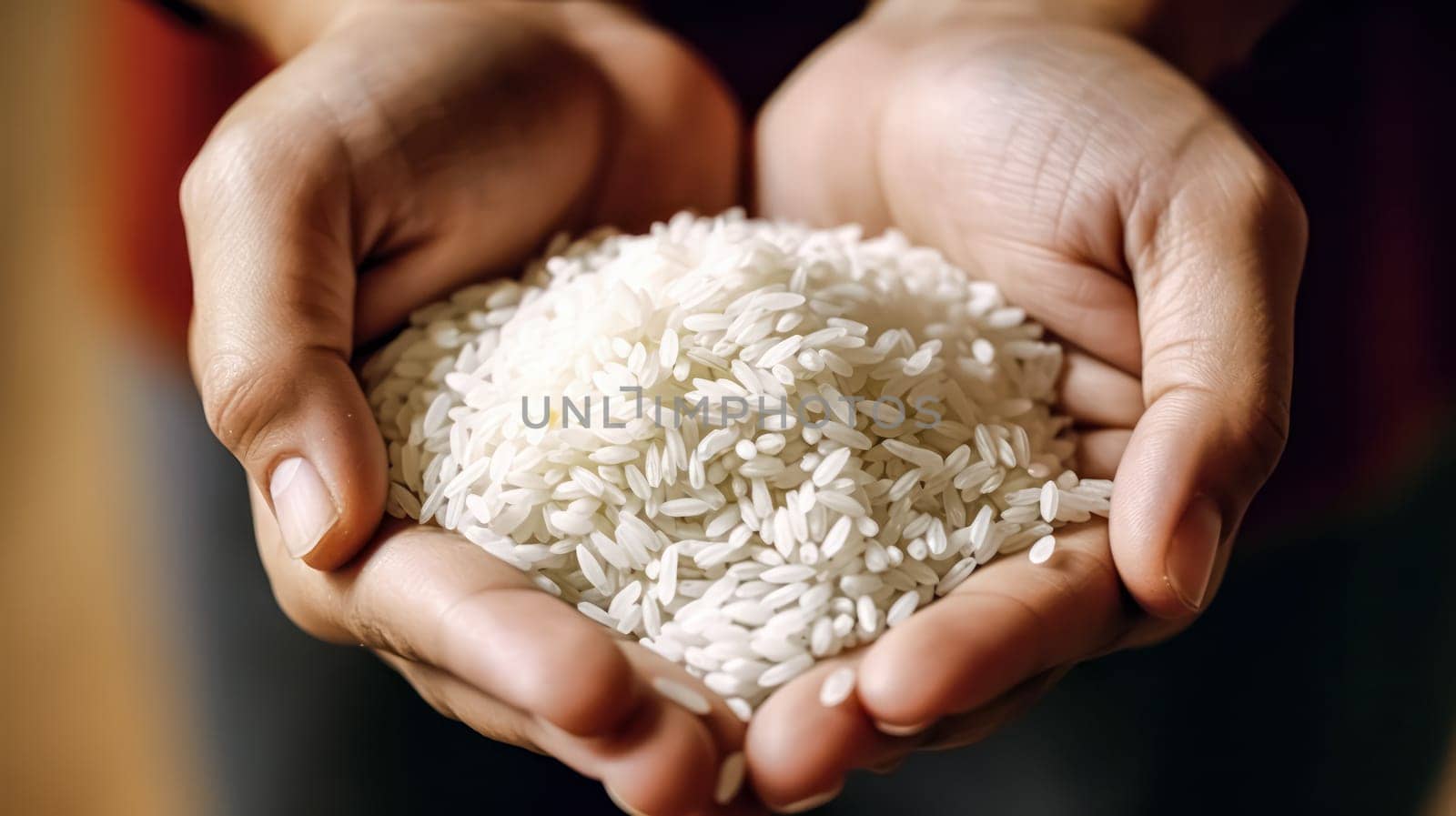 Harvest in Hands, Strong hands cradle freshly peeled rice, symbolizing the essence of farm to table goodness and wholesome nutrition.