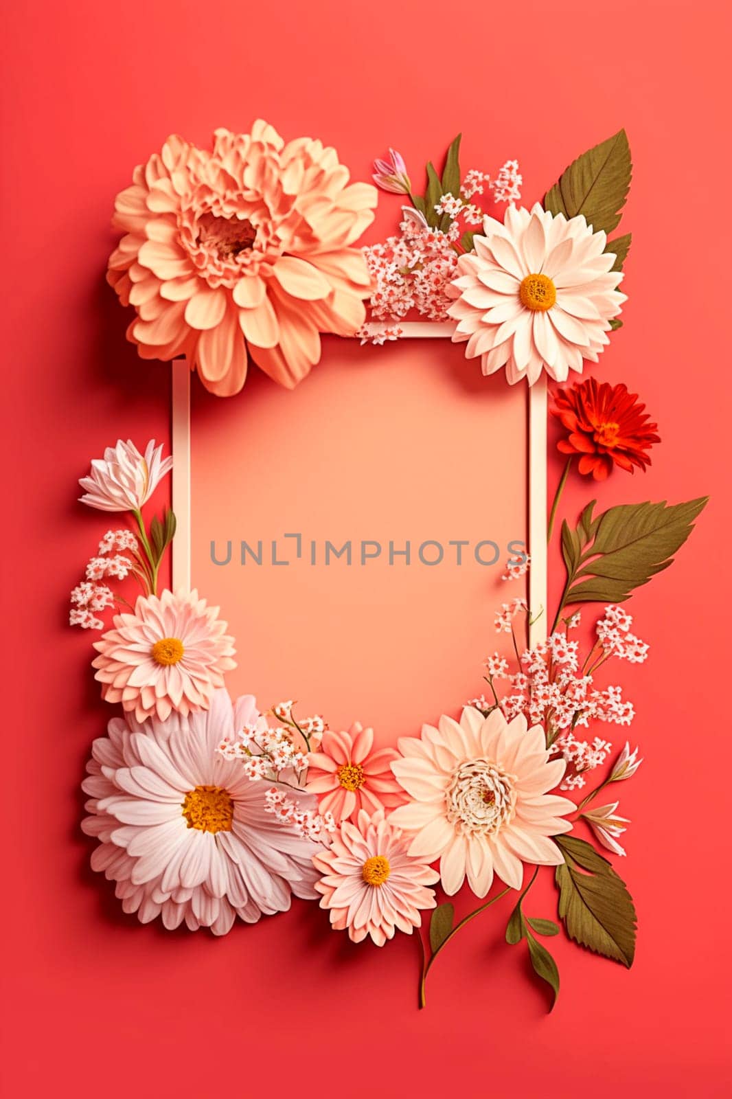Beautiful flowers flower frame flat lay, top view, free space. Generative AI, by mila1784