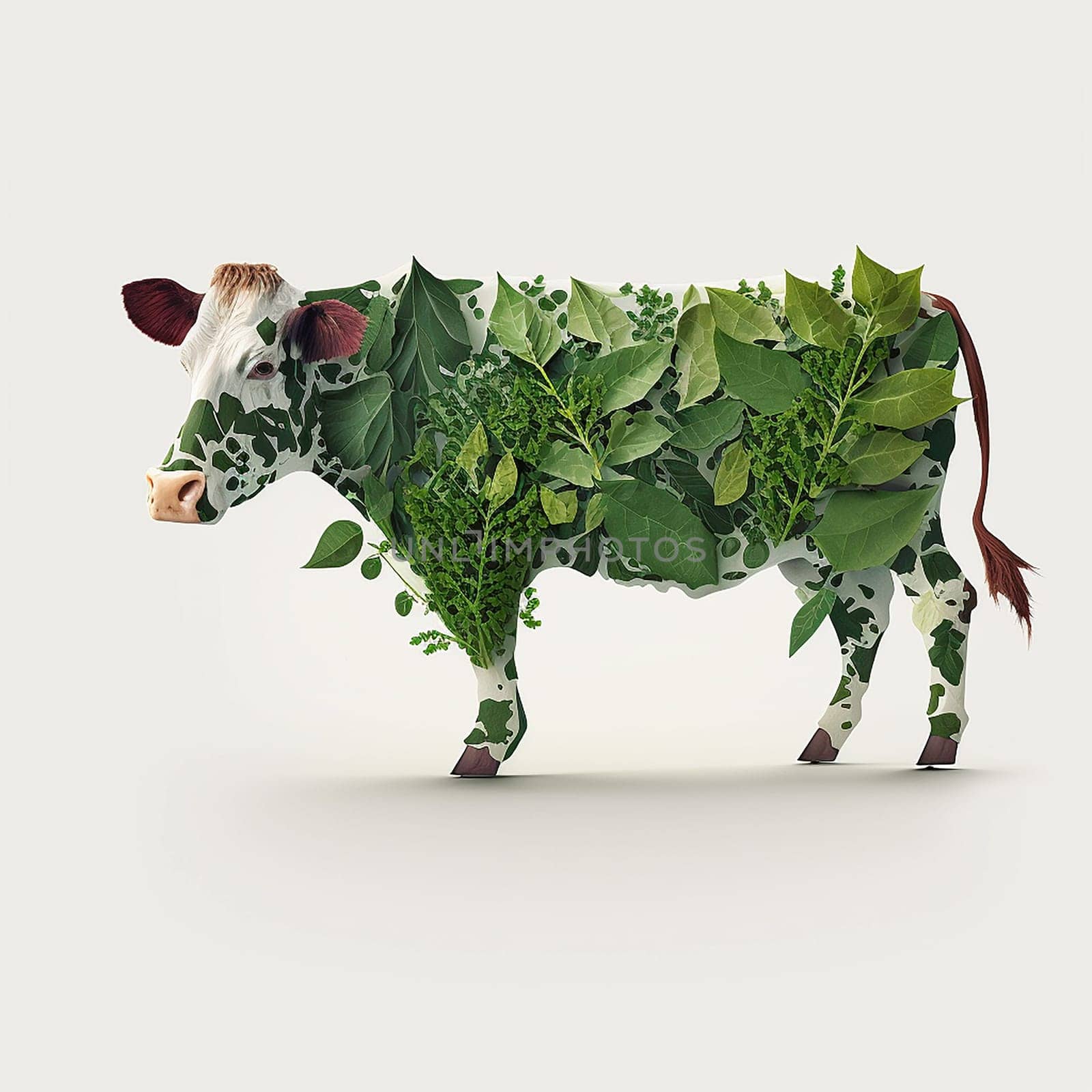 Plant-based meat created cow made of plants on white background made with Generative AI. by mila1784