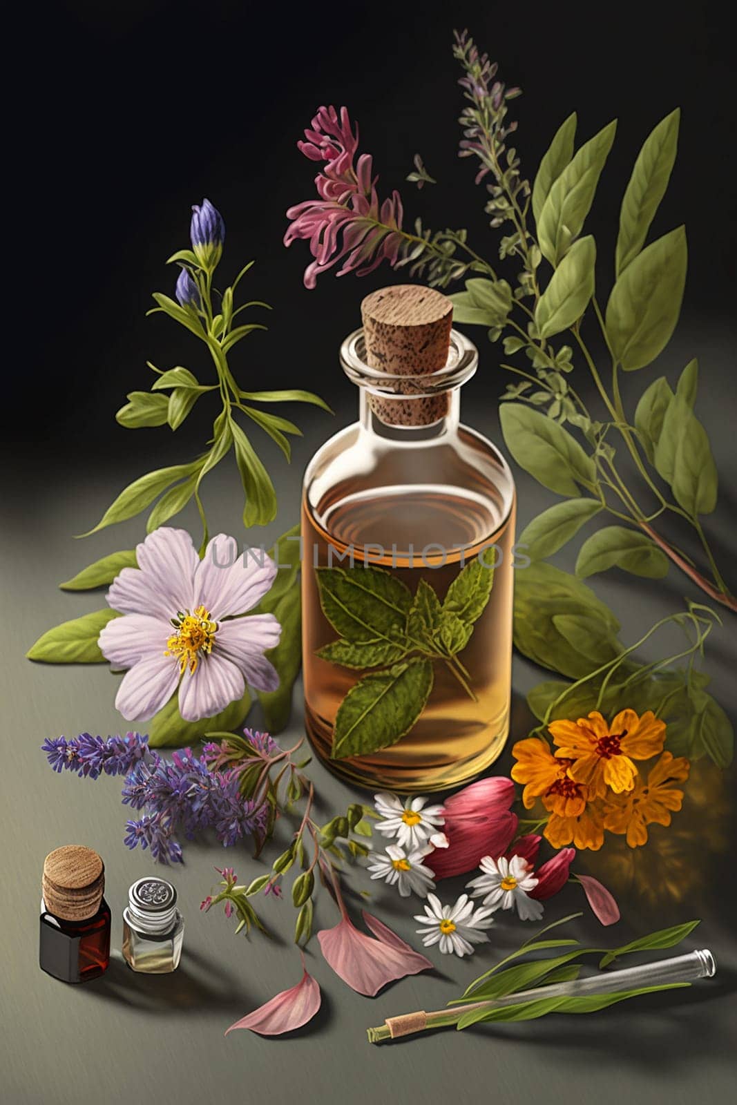 essential oil spa herbs and flowers. Generative AI,