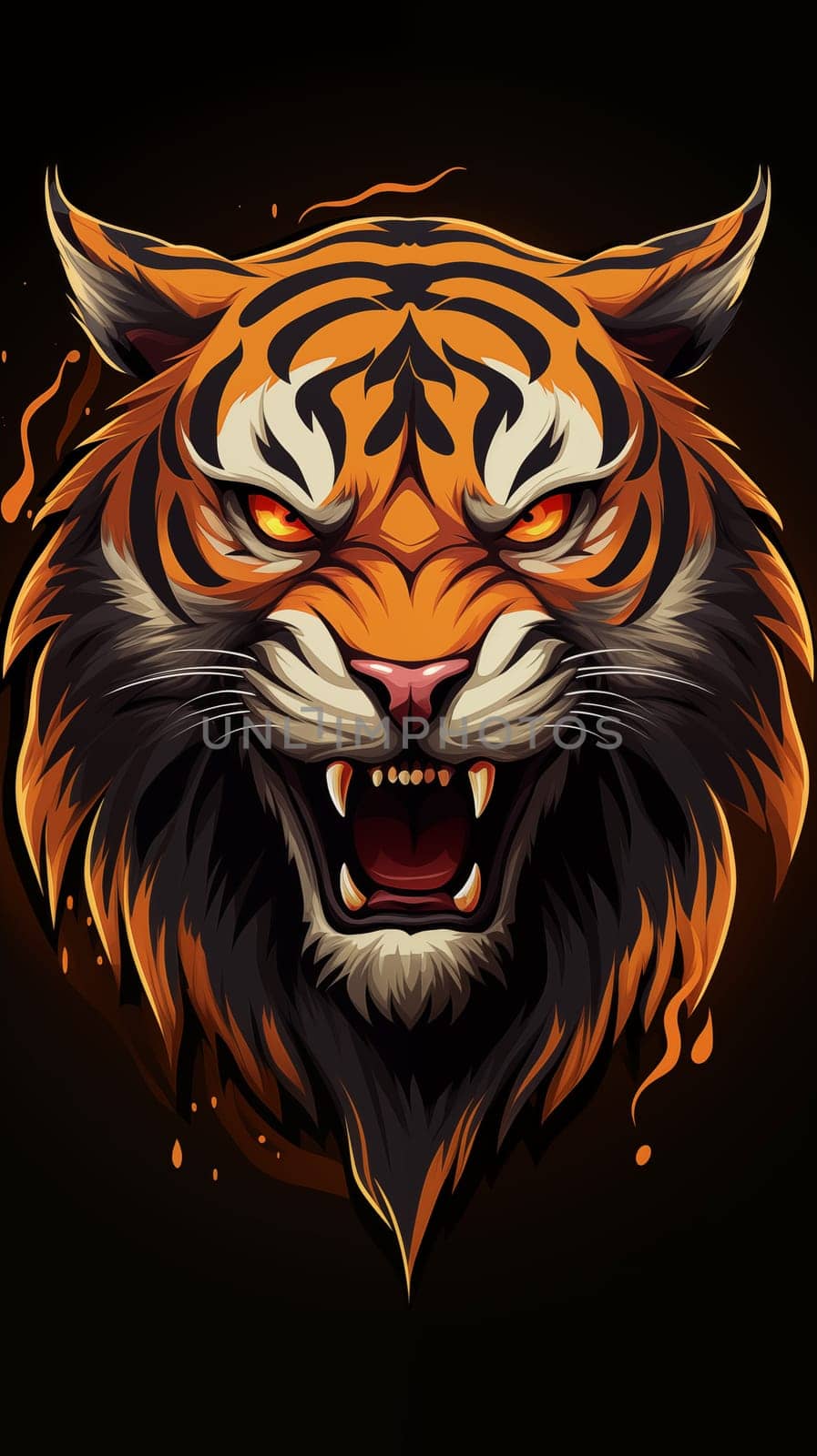 head of an angry tiger, on a black background, cartoon. Vertical